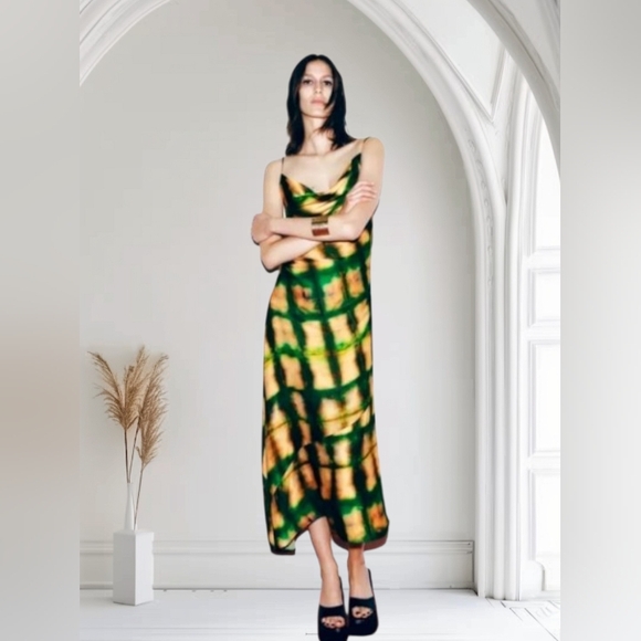 Zara Dresses & Skirts - ZARA SATIN COWL NECK GREEN & GOLD SLIP MIDI DRESS SIZE SMALL